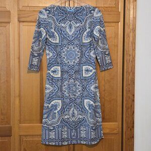 J.McLaughlin Catalina Cloth Paisley Medallion Dress Blue White XS 3/4 Sleeve